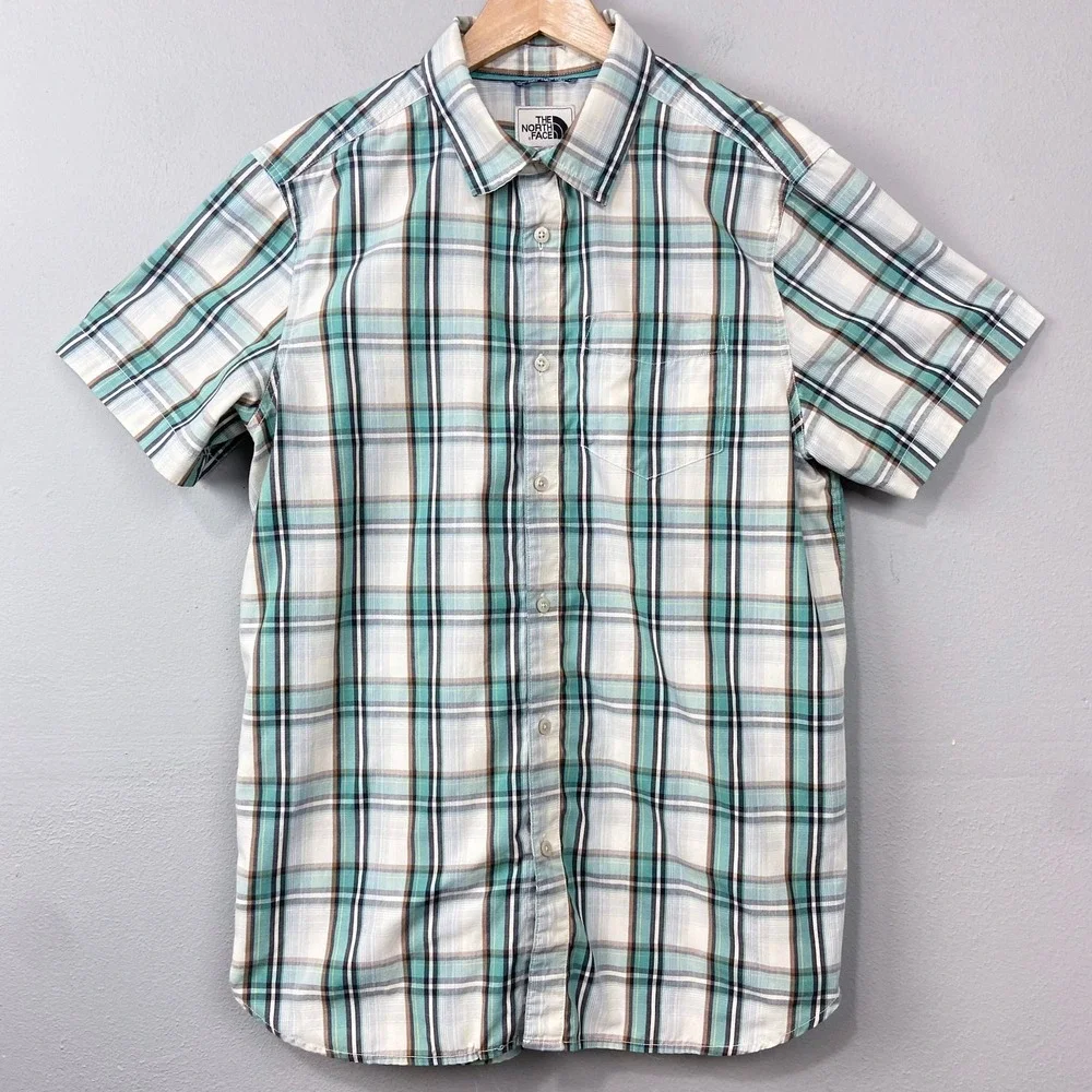 The North Face Mens Plaid Short Sleeve Button Up Shirt Size L Blue Check Casual